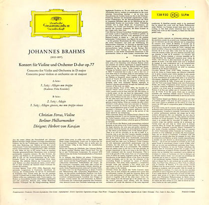 Johannes Brahms - Christian Ferras, Berliner Philharmoniker, Herbert Von Karajan : Violinkonzert In D-Dur (LP, RE)