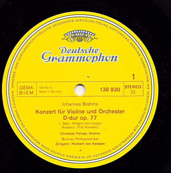 Johannes Brahms - Christian Ferras, Berliner Philharmoniker, Herbert Von Karajan : Violinkonzert In D-Dur (LP, RE)