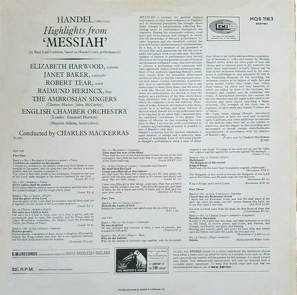 Georg Friedrich Händel, Sir Charles Mackerras, English Chamber Orchestra, The Ambrosian Singers : Highlights From Handel Messiah (LP, Album, RP, Mon)