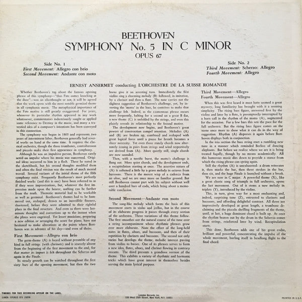 Ludwig Van Beethoven, L'Orchestre De La Suisse Romande, Ernest Ansermet : Symphony No. 5 In C Minor, Opus 67 (LP, Album, RE, RP)