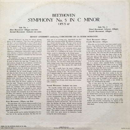 Ludwig Van Beethoven, L'Orchestre De La Suisse Romande, Ernest Ansermet : Symphony No. 5 In C Minor, Opus 67 (LP, Album, RE, RP)