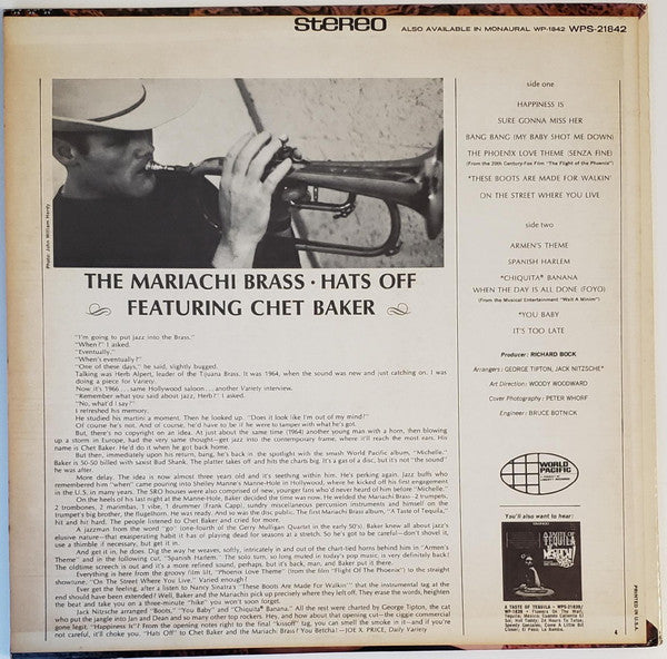 The Mariachi Brass Featuring Chet Baker : Hats Off (LP, Album, Mono)