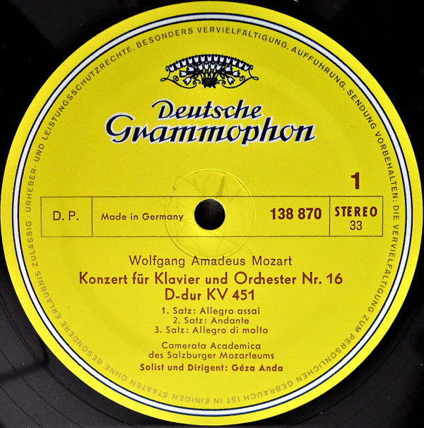 Wolfgang Amadeus Mozart - Camerata Academica Salzburg, Géza Anda : Klavierkonzerte • Piano Concertos - D-Dur / In D Major / KV 451 • A Dur / In A Major / KV 488 (LP, RP)