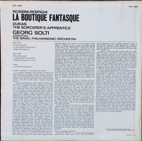 Georg Solti, Israel Philharmonic Orchestra, Gioacchino Rossini, Ottorino Respighi, Paul Dukas : La Boutique Fantasque / The Sorcerer's Apprentice (LP, Album, RE, RP)