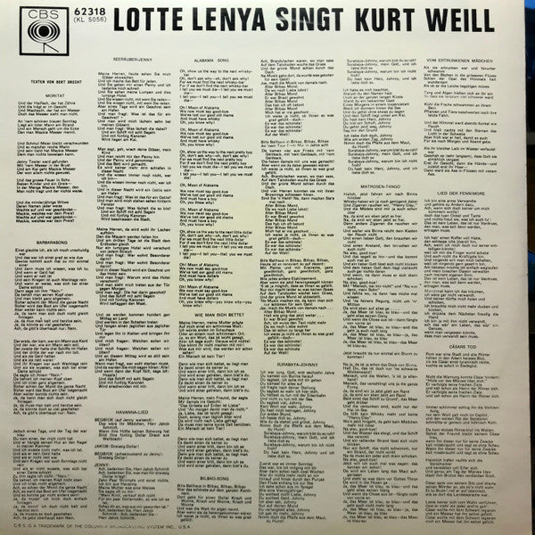 Lotte Lenya : Lotte Lenya Singt Kurt Weill (LP, Gat)