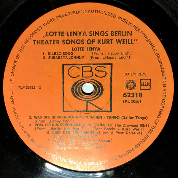 Lotte Lenya : Lotte Lenya Singt Kurt Weill (LP, Gat)