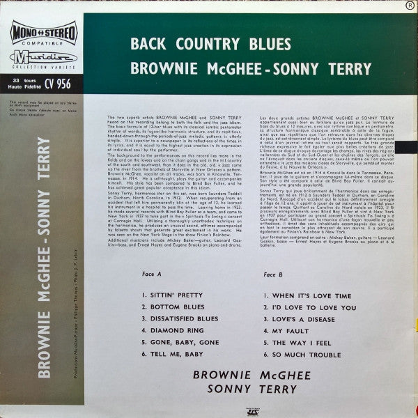 Sonny Terry & Brownie McGhee : Back Country Blues (LP, RE)