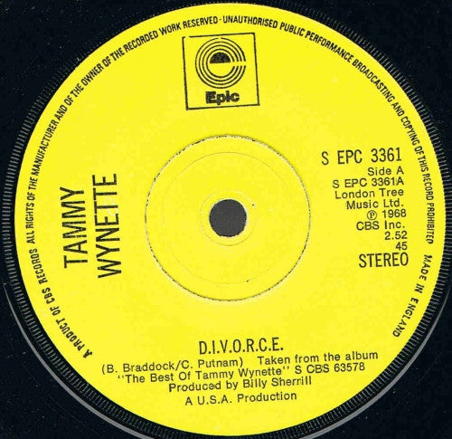 Tammy Wynette : D.I.V.O.R.C.E. (7", Single, Sol)