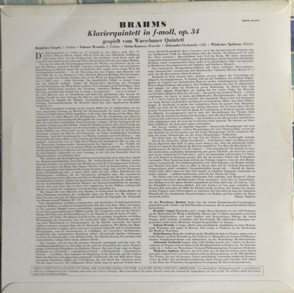 Johannes Brahms - Kwintet Warszawski : Klavierquintett In F-Moll, Op. 34 (LP)