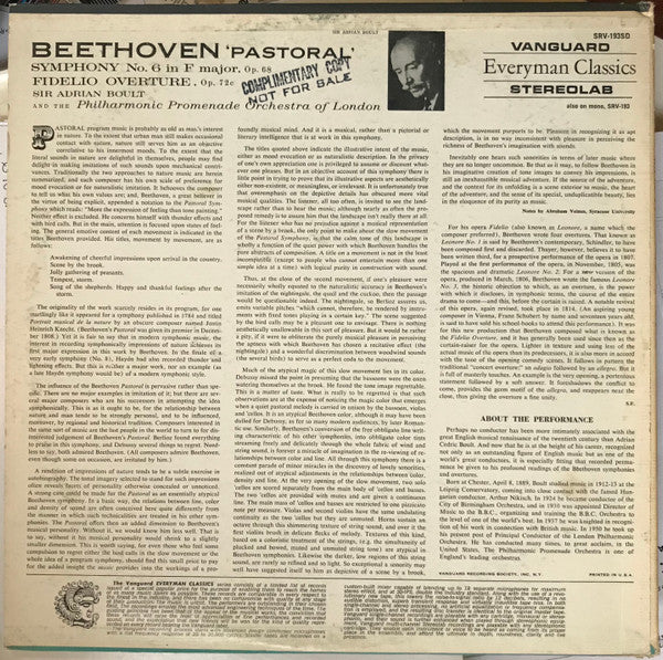 Ludwig van Beethoven - Sir Adrian Boult And The The Philharmonic Promenade Orchestra : 'Pastoral' Symphony No. 6 In F Major, Op. 68 / Fidelio Overture, Op. 72c (LP, Album)