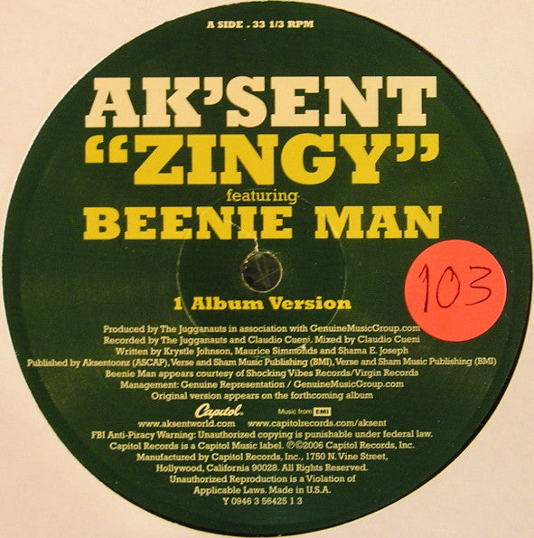 Ak'sent Featuring Beenie Man : Zingy (12")