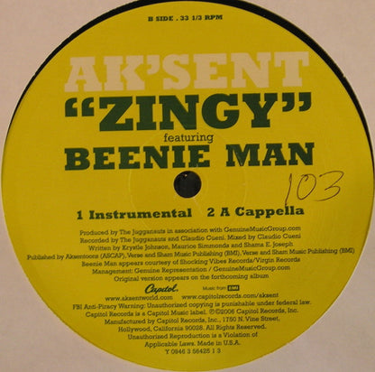 Ak'sent Featuring Beenie Man : Zingy (12")