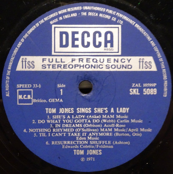 Tom Jones : Tom Jones Sings She's A Lady (LP, Album)