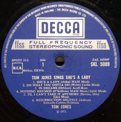 Tom Jones : Tom Jones Sings She's A Lady (LP, Album)