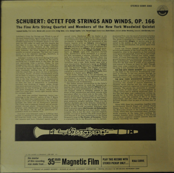 Franz Schubert - The Fine Arts Quartet And The New York Woodwind Quintet : Octet For Strings And Winds, Op. 166 (LP, Album)