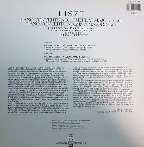 Franz Liszt, Julian Von Karolyi, István Kertész : Piano Concertos Nos. 1 & 2 (LP)