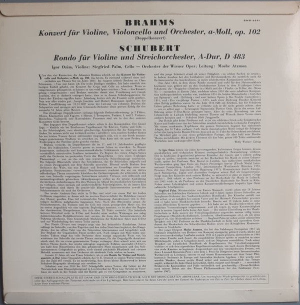 Johannes Brahms / Franz Schubert - Igor Ozim, Siegfried Palm, Orchester Der Wiener Staatsoper, Moshe Atzmon : Konzert Für Violine, Violoncello Und Orchester, (Doppelkonzert)/ Rondo Für Violine Und Streichorchester, A-Dur (LP)