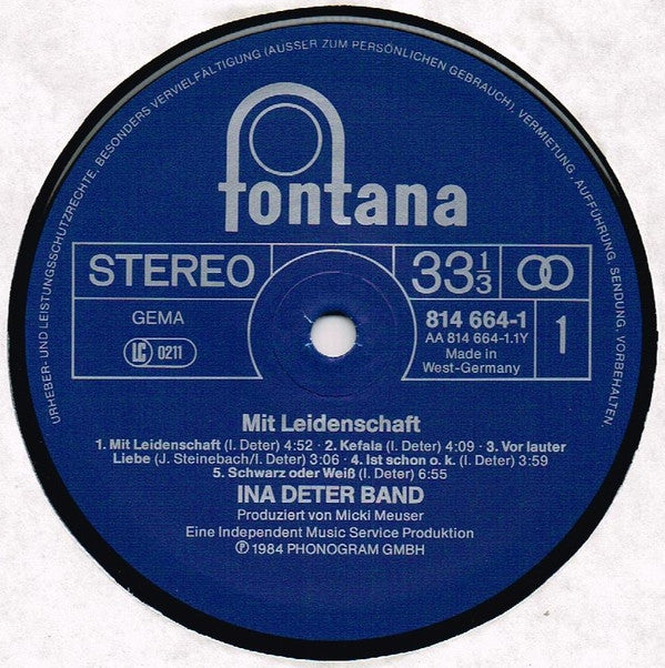 Ina Deter Band : Mit Leidenschaft (LP, Album, Yel)