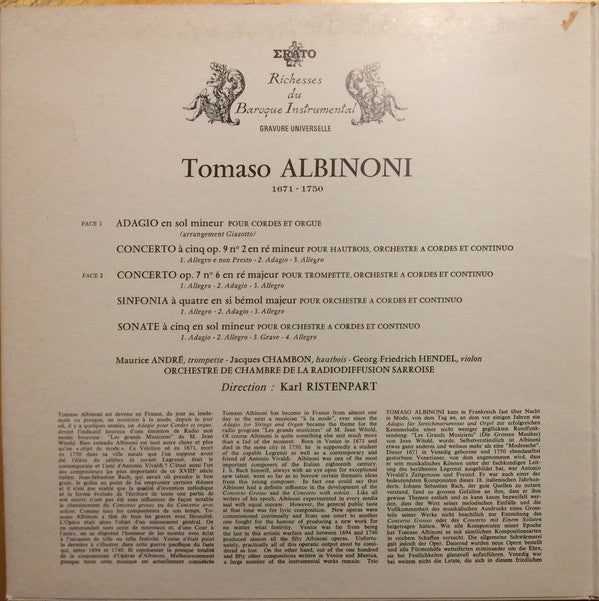 Tomaso Albinoni / Maurice André - Jacques Chambon - Georg Friedrich Hendel - Kammerorchester Des Saarländischen Rundfunks, Saarbrücken Direction Karl Ristenpart : Célèbre Adagio - Concertos & Sinfonies Pour Trompette, Hautbois & Cordes (LP, Gat)