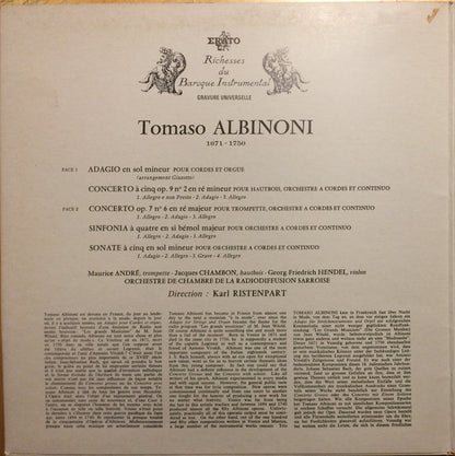 Tomaso Albinoni / Maurice André - Jacques Chambon - Georg Friedrich Hendel - Kammerorchester Des Saarländischen Rundfunks, Saarbrücken Direction Karl Ristenpart : Célèbre Adagio - Concertos & Sinfonies Pour Trompette, Hautbois & Cordes (LP, Gat)