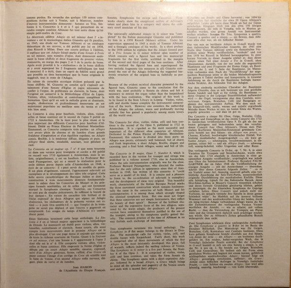 Tomaso Albinoni / Maurice André - Jacques Chambon - Georg Friedrich Hendel - Kammerorchester Des Saarländischen Rundfunks, Saarbrücken Direction Karl Ristenpart : Célèbre Adagio - Concertos & Sinfonies Pour Trompette, Hautbois & Cordes (LP, Gat)