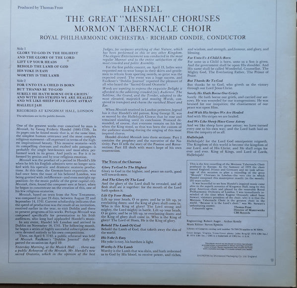 Mormon Tabernacle Choir : The Great "Messiah" Choruses (LP, Album)