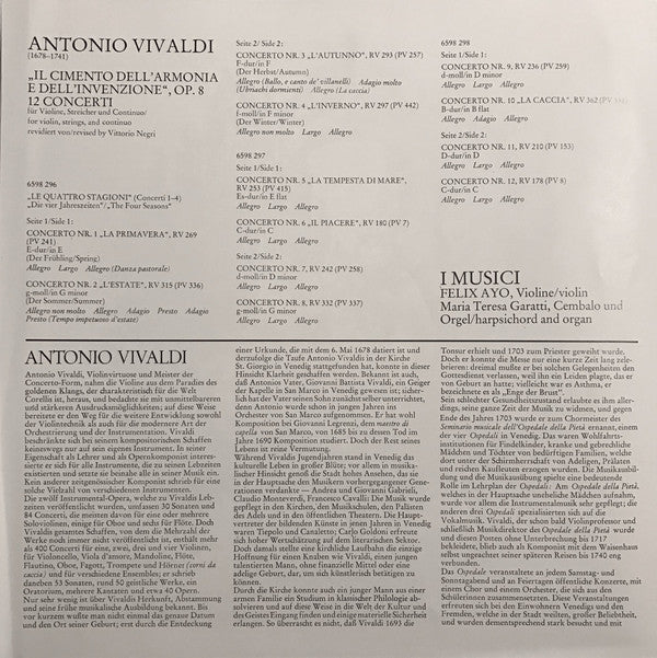 Antonio Vivaldi / I Musici, Félix Ayo : Il Cimento Dell' Armonia E Dell' Invenzione, Op. 8 12 Concerti Inc. Die Vier Jahreszeiten/The Four Seasons (3xLP, Comp)