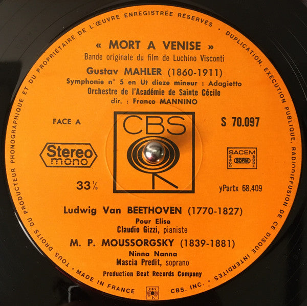 Orchestra Dell'Accademia Nazionale Di Santa Cecilia direction: Franco Mannino : Luchino Visconti Présente La Bande Originale Du Fil Mort A Venise (LP)