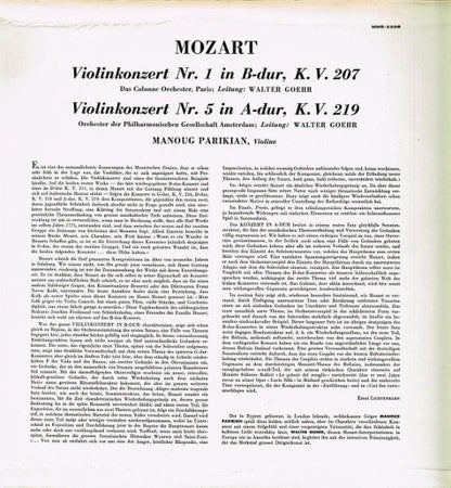 Wolfgang Amadeus Mozart, Manoug Parikian, Amsterdam Philharmonic Society Orchestra · Walter Goehr : Violin Konzert Nr. 1 In B-Dur KV. 207 / Violin Konzert Nr. 5 In A-Dur KV. 219 (LP, Mono)