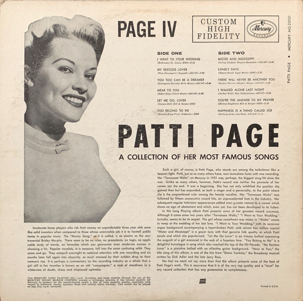 Patti Page : Page 4 - A Collection Of Her Most Famous Songs (LP, Album, Mono)