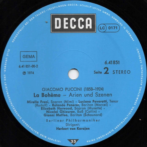 Giacomo Puccini / Luciano Pavarotti · Mirella Freni · Nicolai Ghiaurov · Elizabeth Harwood · Rolando Panerai · Gianni Maffeo · Berliner Philharmoniker Dirigent Herbert von Karajan : La Bohème - Arien Und Szenen (LP, Album)