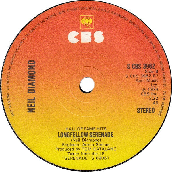 Neil Diamond : Be / Longfellow Serenade (7", Single)