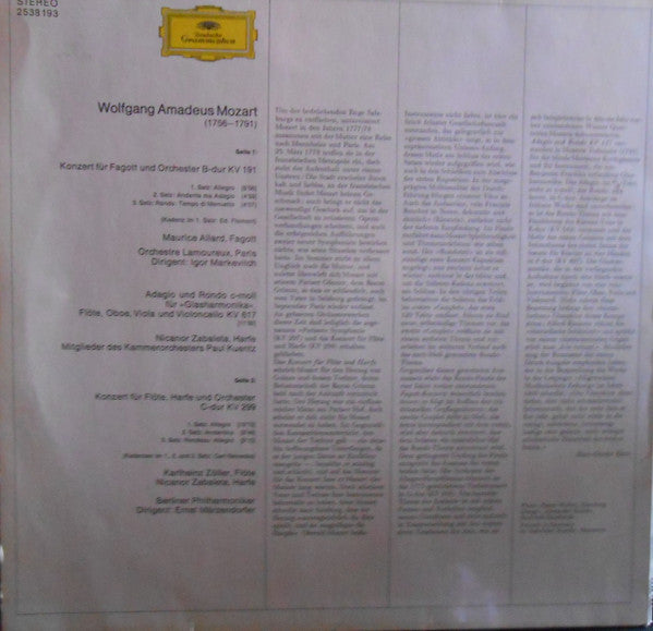 Wolfgang Amadeus Mozart, Maurice Allard, Karlheinz Zöller, Nicanor Zabaleta : Konzert Für Flöte Und Harfe / Adagio Und Rondo / Fagottkonzert (LP)