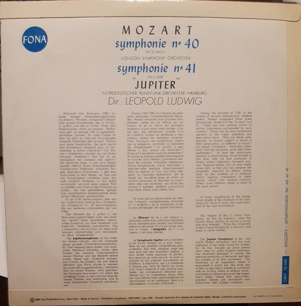 Wolfgang Amadeus Mozart - The London Symphony Orchestra, Orchester Des NWDR Hamburg, Leopold Ludwig : Symphonie No. 40 / Symphonie No. 41 "Jupiter" (LP, Comp, Mono)