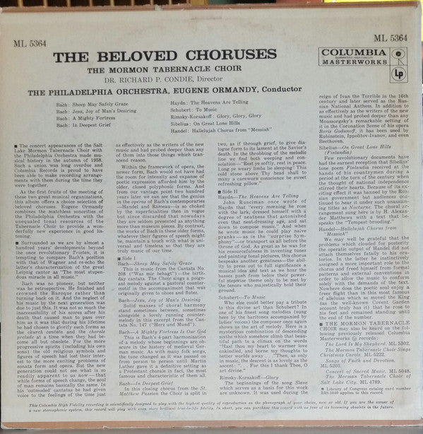 Mormon Tabernacle Choir, Richard P. Condie, The Philadelphia Orchestra, Eugene Ormandy : The Beloved Choruses (LP, Album, Mono)