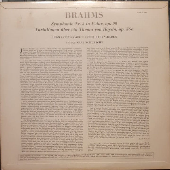 Johannes Brahms - Südwestfunkorchester Baden-Baden, Carl Schuricht : Symphonie Nr. 3, Variationen Über Ein Thema Von Haydn (LP, Album)