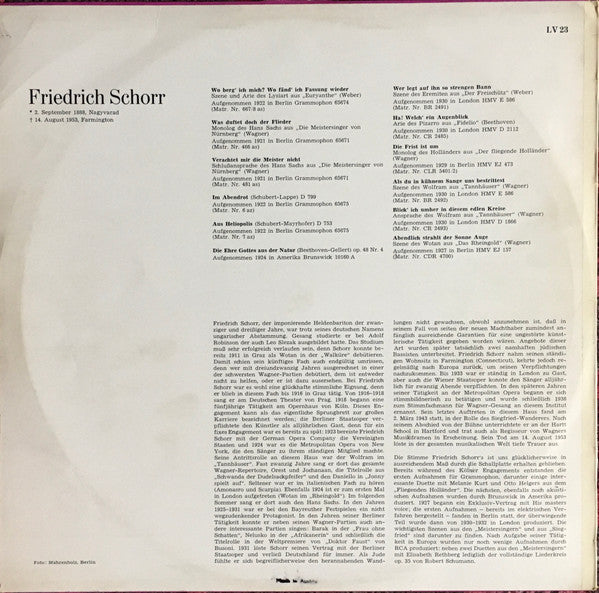 Friedrich Schorr : Friedrich Schorr (LP, Comp, Mono)