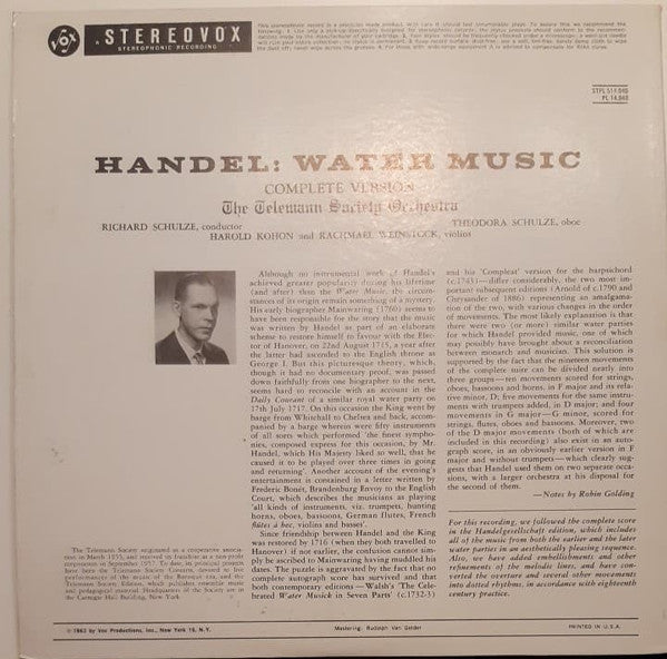 Georg Friedrich Händel –  Telemann Society Orchestra, Richard Schulze : Water Music (Complete) (LP, Album)