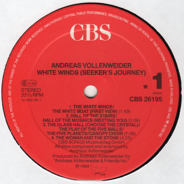 Andreas Vollenweider : White Winds (Seeker's Journey) (LP, Album, RE)