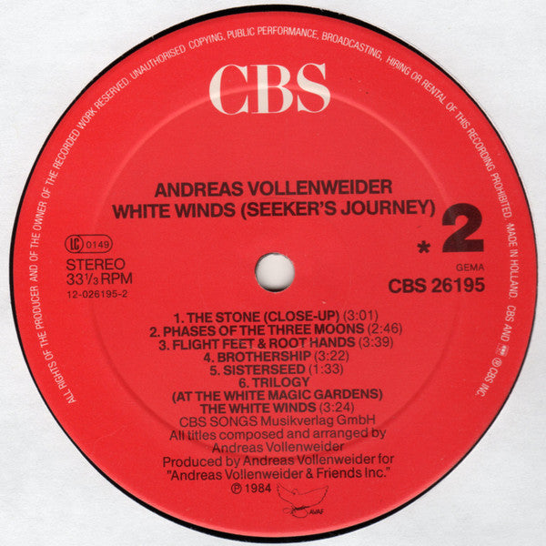 Andreas Vollenweider : White Winds (Seeker's Journey) (LP, Album, RE)