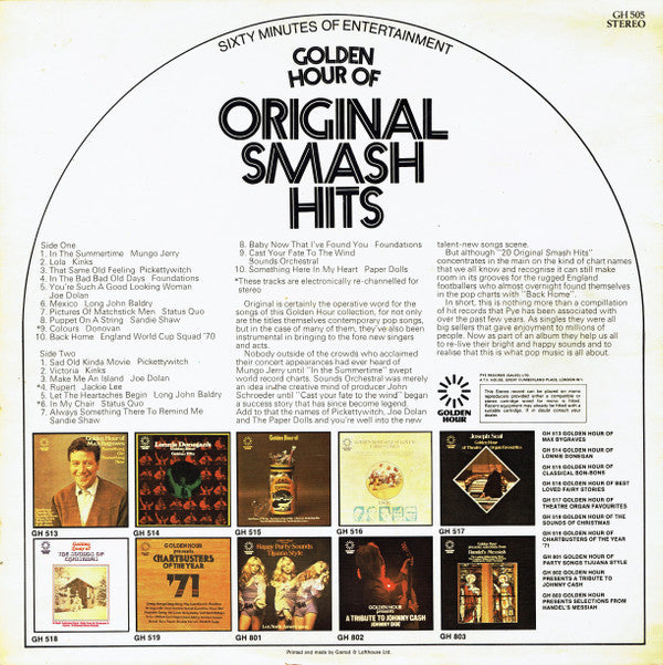 Various : Golden Hour Of Original Smash Hits (LP, Comp, RM, Emb)