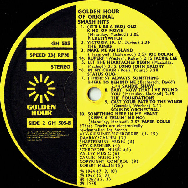 Various : Golden Hour Of Original Smash Hits (LP, Comp, RM, Emb)