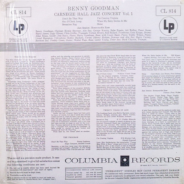 Benny Goodman : The Famous 1938 Carnegie Hall Jazz Concert Vol.1 (LP, Album, Mono, RE)