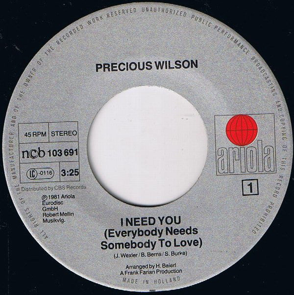 Precious Wilson : I Need You / You're A Strong Man (7", Single)