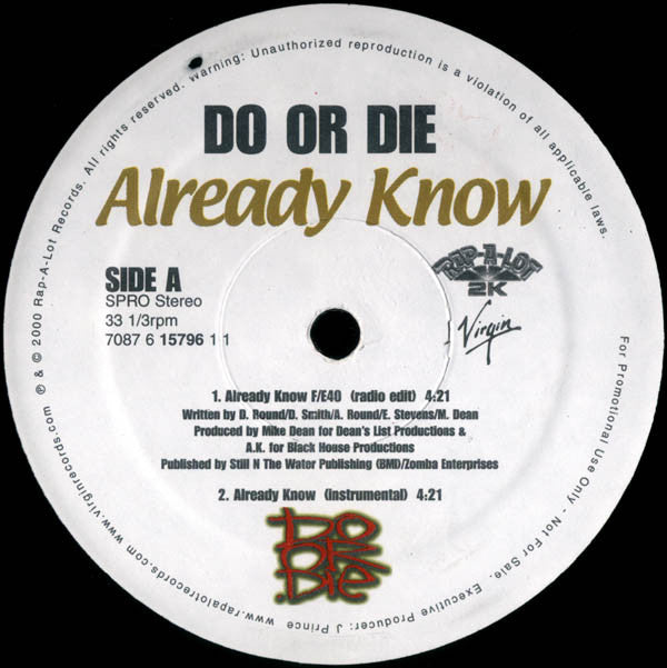 Do Or Die : Already Know (12", Single, Promo)