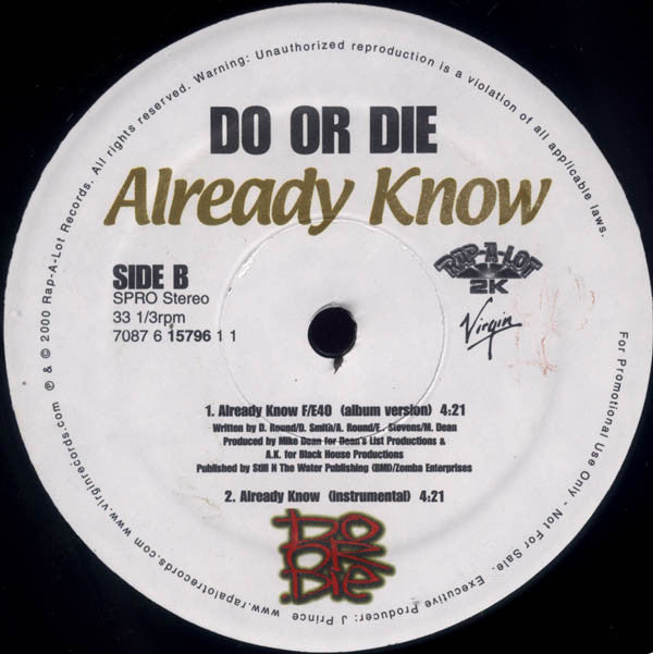 Do Or Die : Already Know (12", Single, Promo)