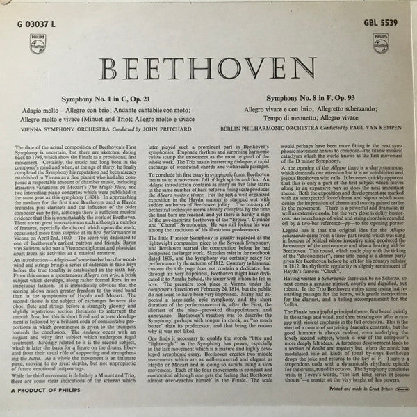 Ludwig van Beethoven : Symphony No. 1 In C / Symphony No. 8 In F (12", Album)