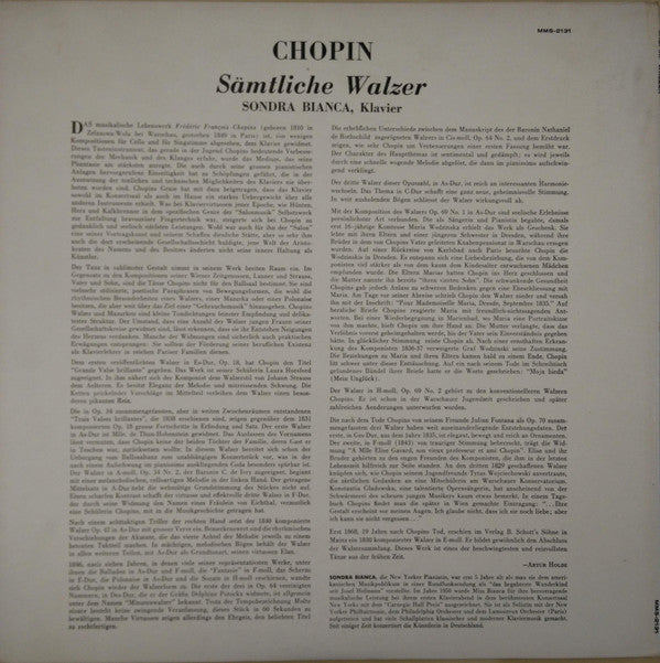 Frédéric Chopin - Sondra Bianca : Sämtliche Walzer (LP, Mono)