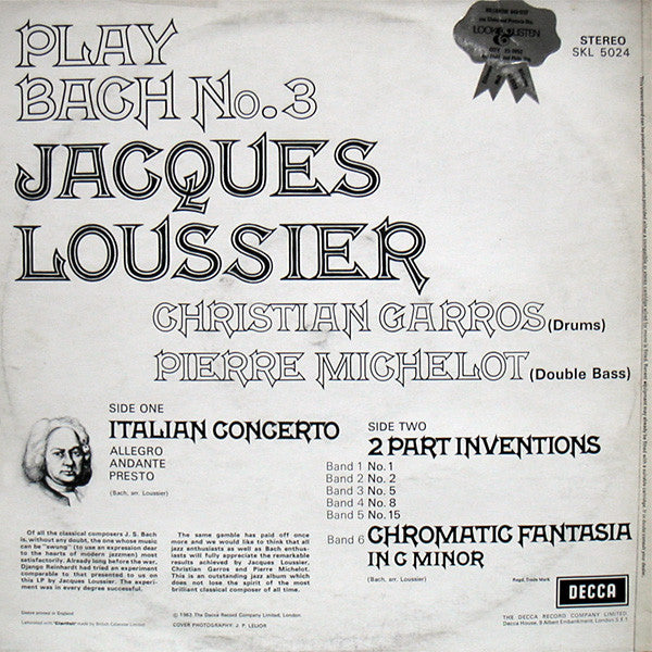 Jacques Loussier / Christian Garros / Pierre Michelot : Play Bach No. 3 (LP, RP)