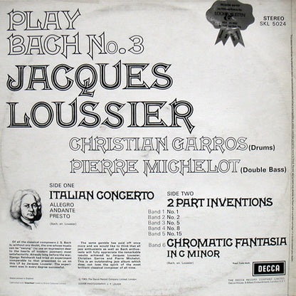 Jacques Loussier / Christian Garros / Pierre Michelot : Play Bach No. 3 (LP, RP)